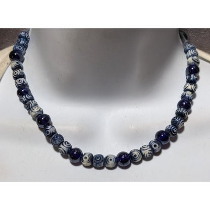 Retro Blue And White Beaded Cord Necklace