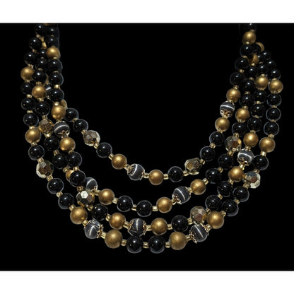 Vintage Japan Black And Gold Beaded Multilayer Necklace