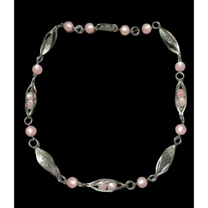 Vintage 40s Art Deco Pink Silver Leaf Necklace