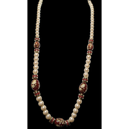 Vintage Cream And Red Pearl Floral Necklace