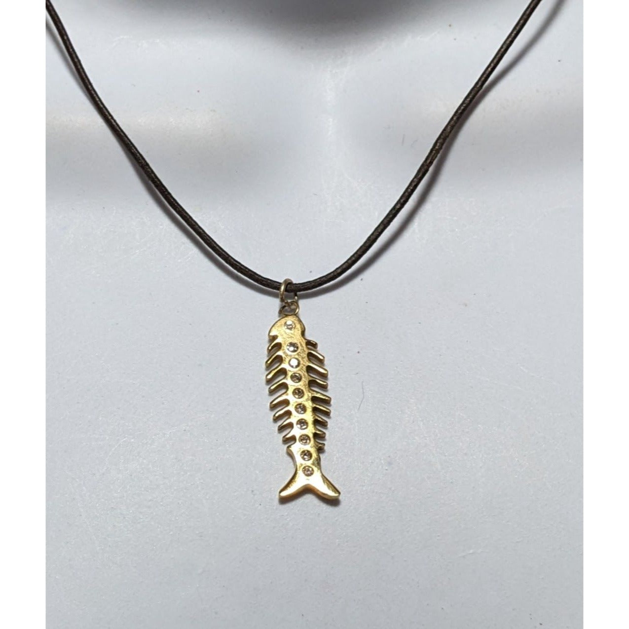 Glam Goth Fishbone Gold Sterling Pendant Necklace