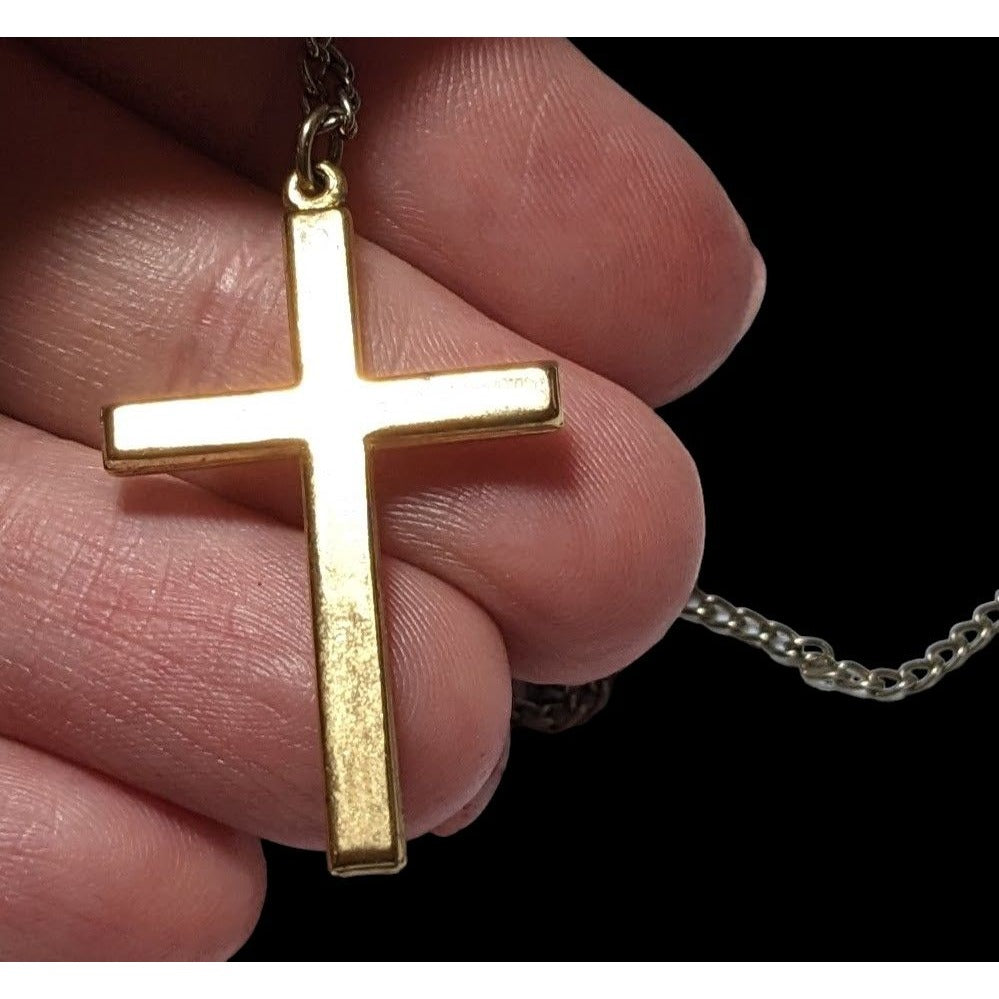 Gold Puffed Embossed Long Cross Necklace