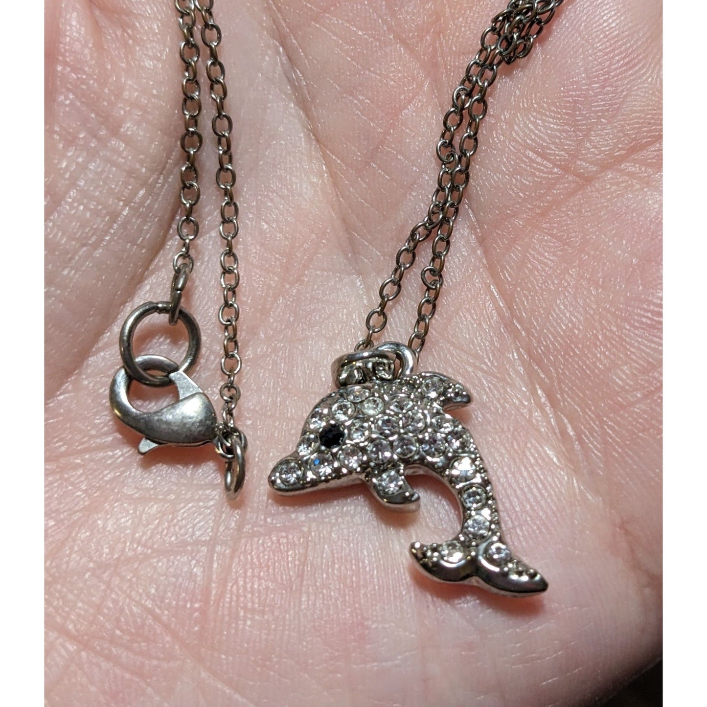 Reversible Silver Rhinestone Dolphin Necklace