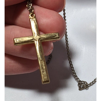 Gold Puffed Embossed Long Cross Necklace