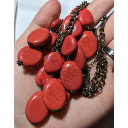 Red Howlite Beaded Fringe Statement Necklace