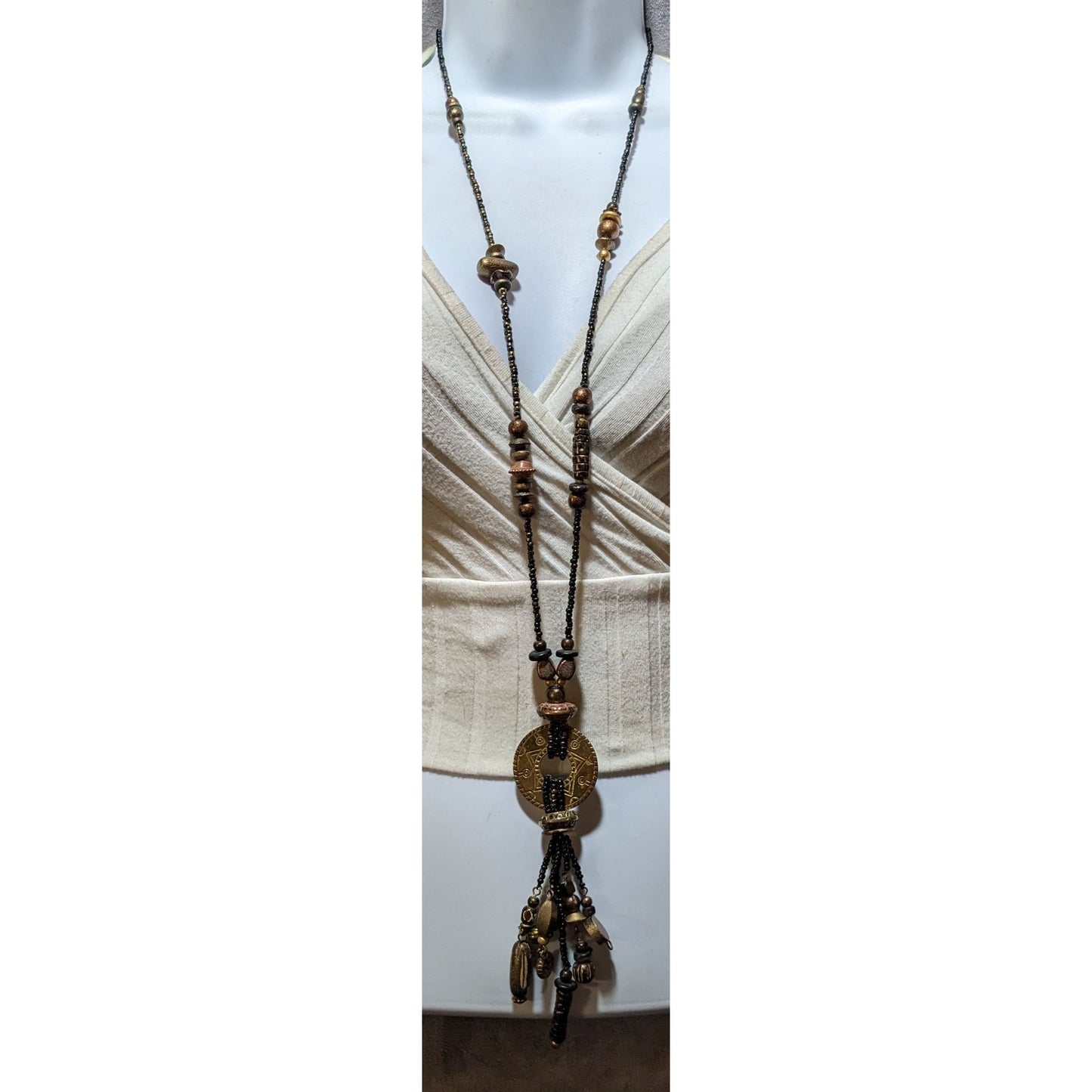 Vintage Southwestern Black And Gold Beaded Tassel Necklace