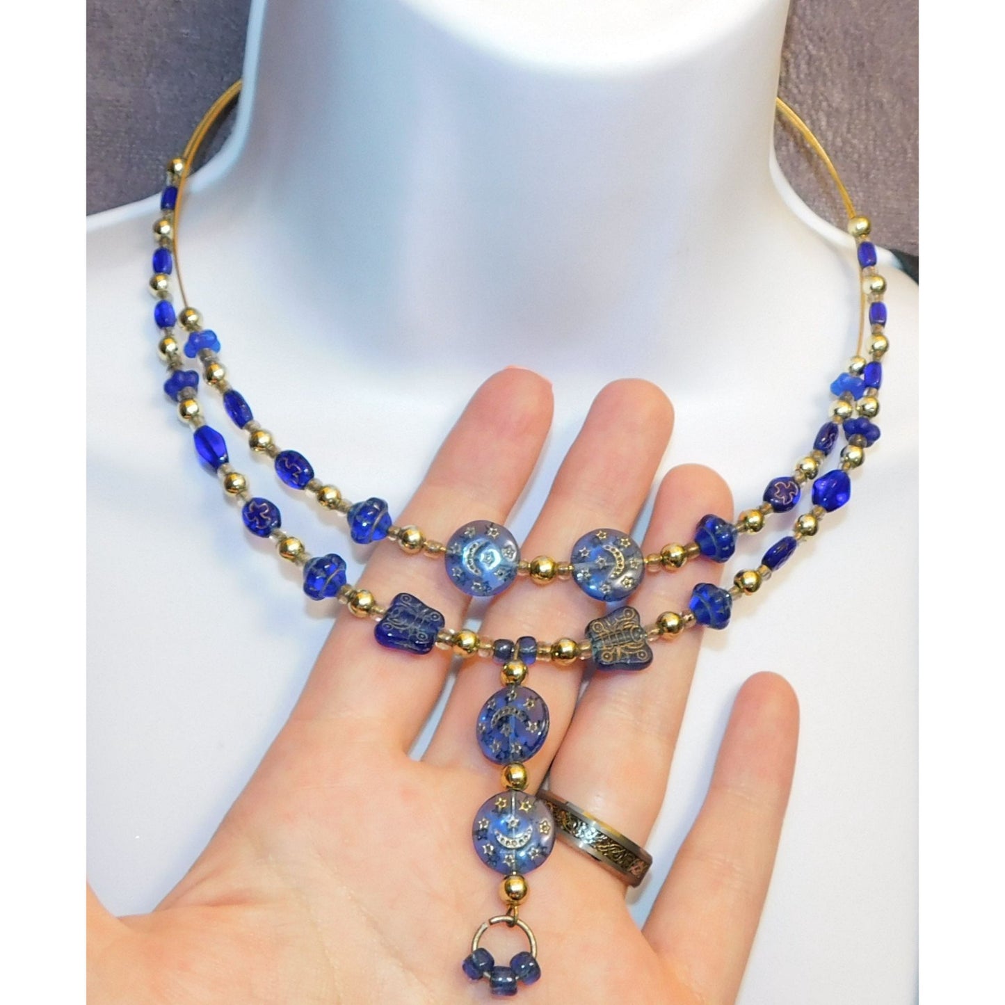 Blue And Gold Celestial Beaded  Necklace