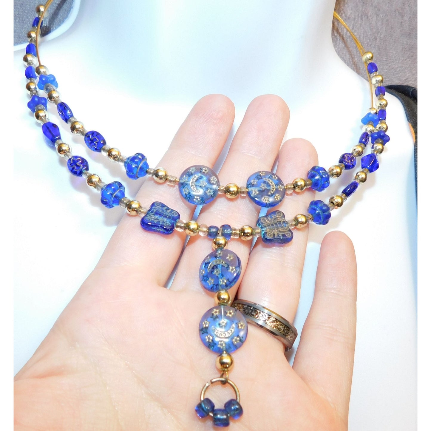 Blue And Gold Celestial Beaded  Necklace