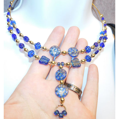 Blue And Gold Celestial Beaded  Necklace