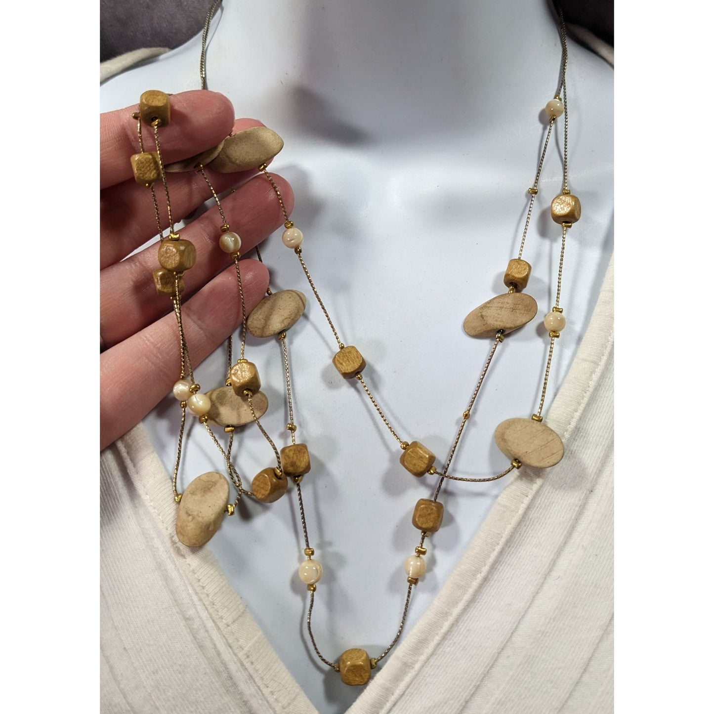 Elegant Multilayer Wood Beaded Station Necklace