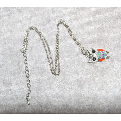 Rainbow Enamel Rhinestone Owl Pendant Necklace