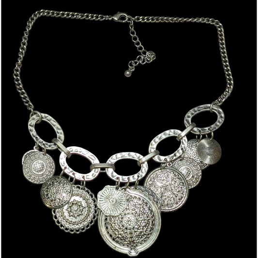 Silver Floral Medallion Embossed Charm Necklace