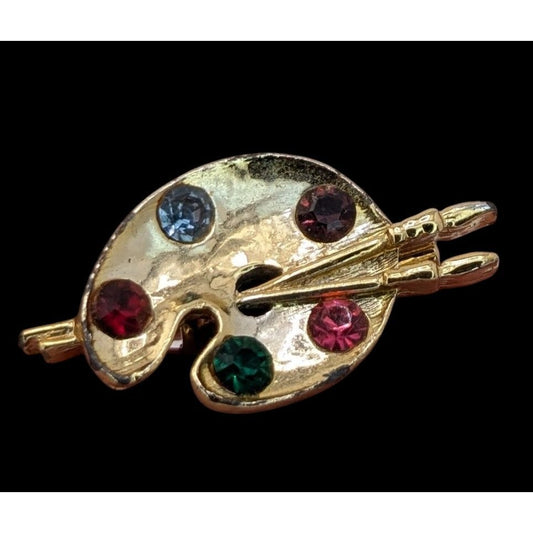 Vintage Artist Paint Palette With Brushes Brooch Gold Tone Rhinestone Painter Pin