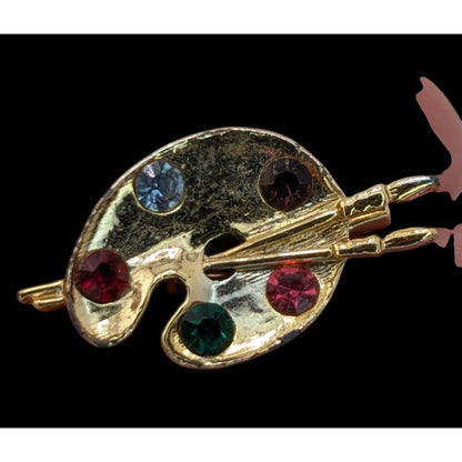 Vintage Artist Paint Palette With Brushes Brooch Gold Tone Rhinestone Painter Pin