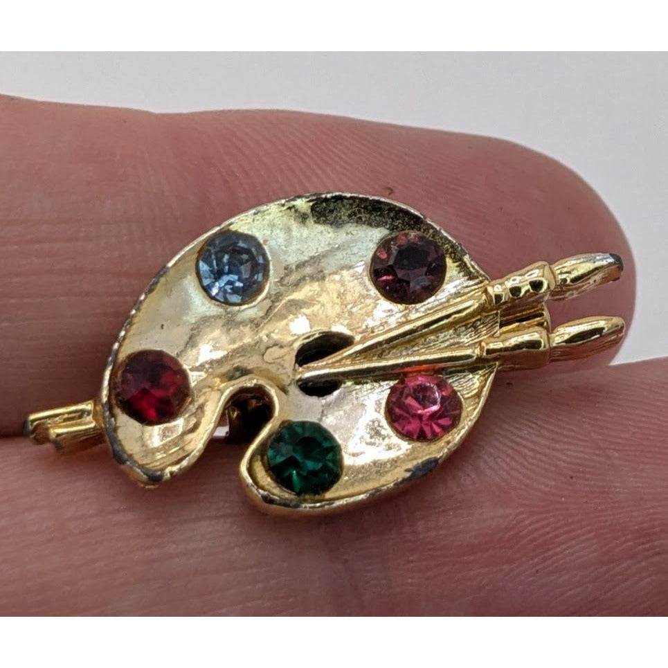 Vintage Artist Paint Palette With Brushes Brooch Gold Tone Rhinestone Painter Pin