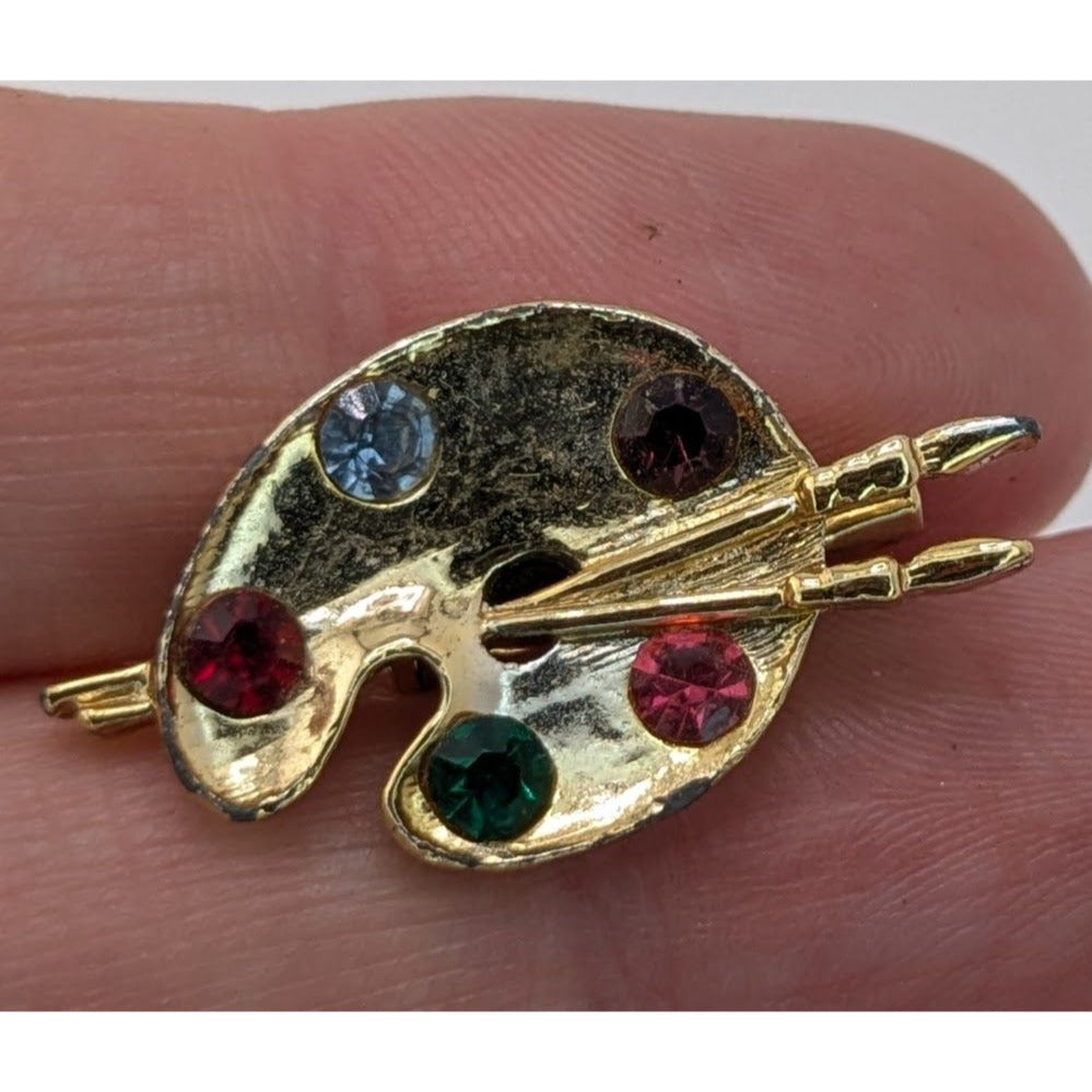 Vintage Artist Paint Palette With Brushes Brooch Gold Tone Rhinestone Painter Pin