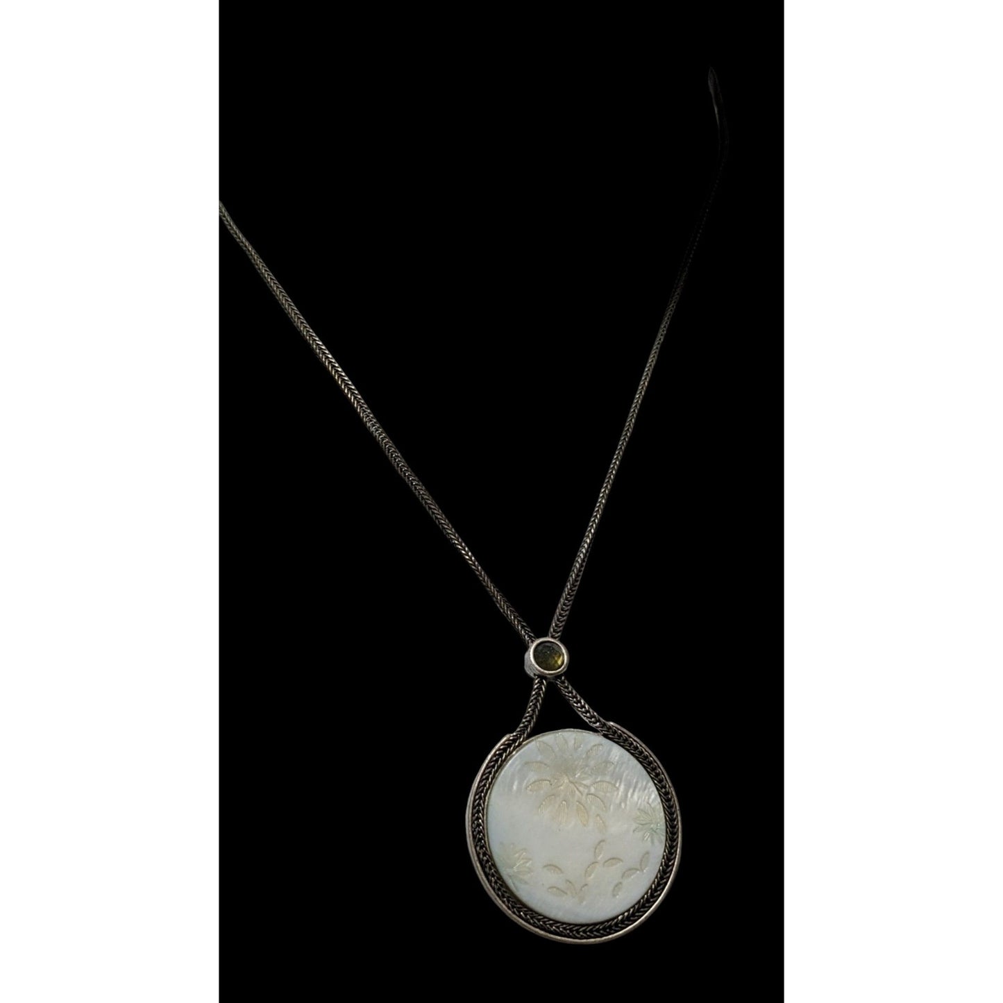 Vintage Versona Mother Of Pearl Carved Floral Pendant Necklace