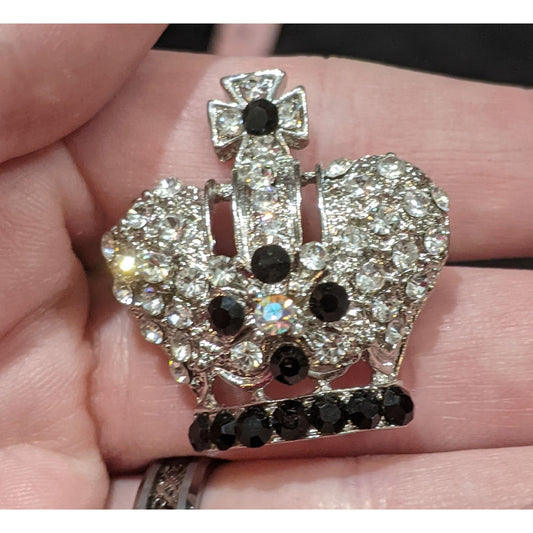 Silver And Black Rhinestone Crown Brooch