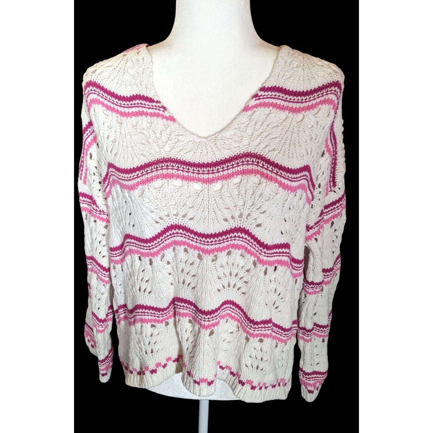 Loft Grandmacore Pink And White Striped Knit Sweater