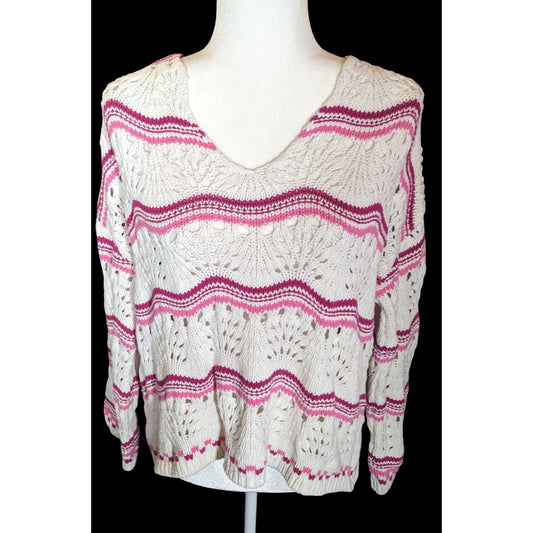 Loft Grandmacore Pink And White Striped Knit Sweater
