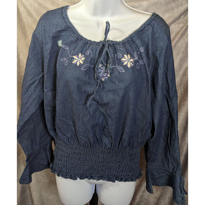 Studio Basic Denim Floral Peasant Top