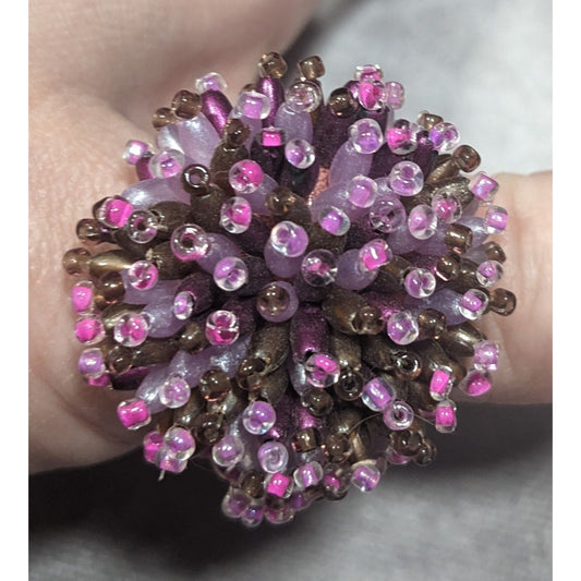 Fairycore Pink And Purple Glass Beaded Pompom Ring Size 14 1/2