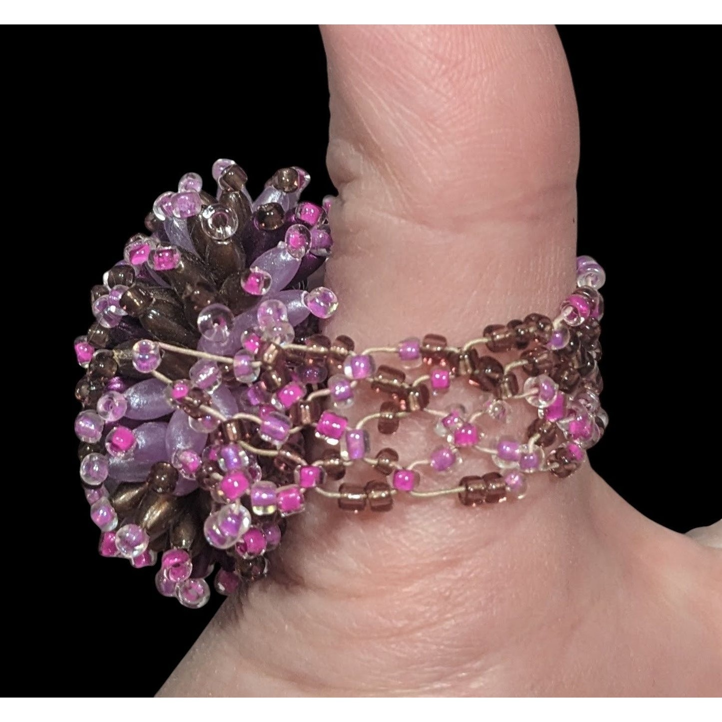 Fairycore Pink And Purple Glass Beaded Pompom Ring Size 14 1/2