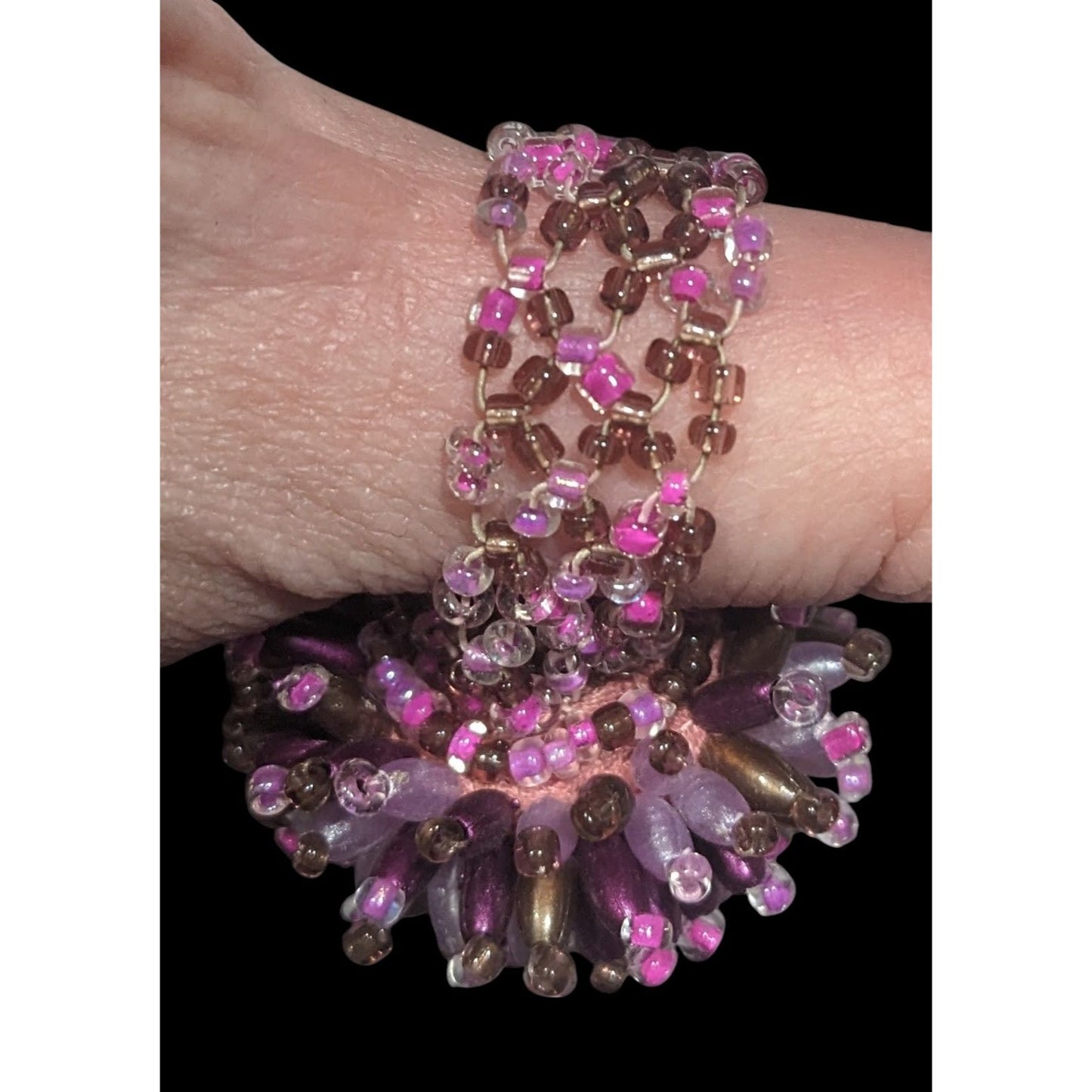 Fairycore Pink And Purple Glass Beaded Pompom Ring Size 14 1/2