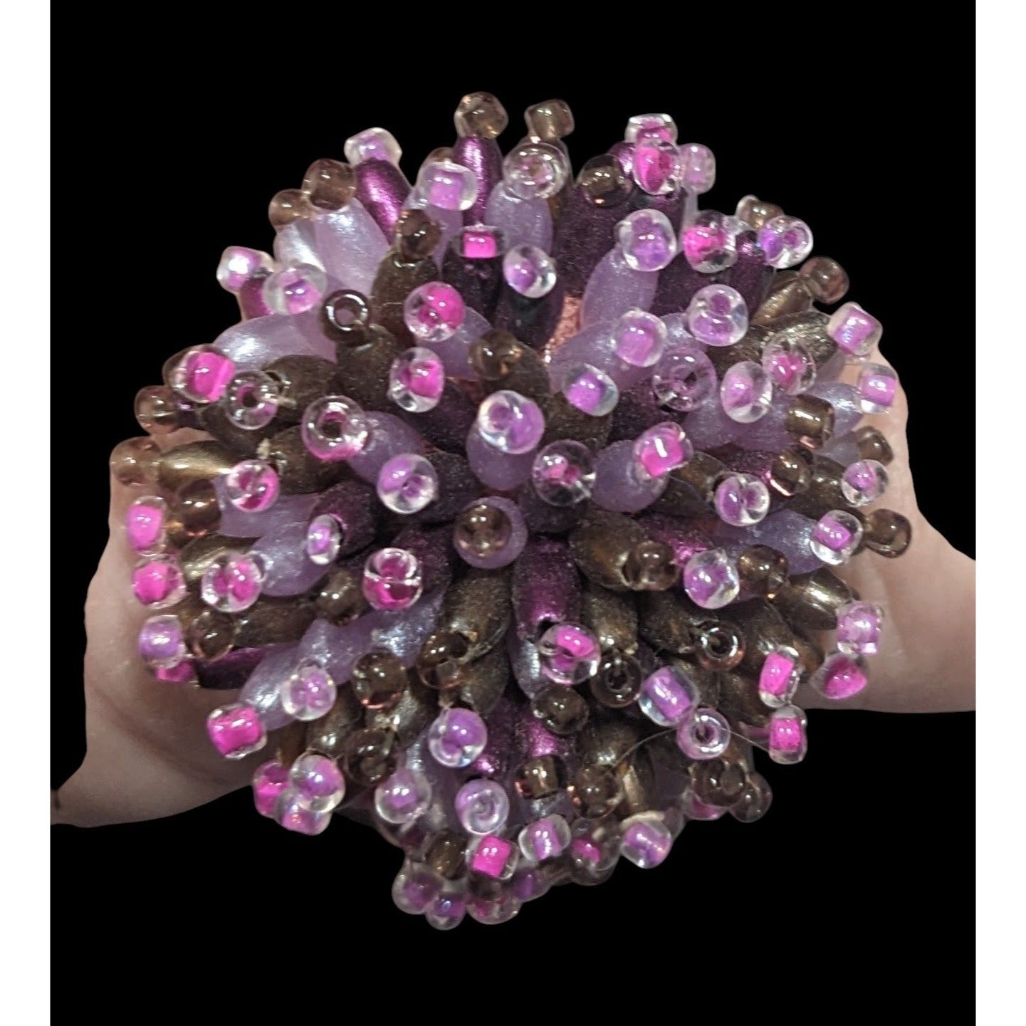 Fairycore Pink And Purple Glass Beaded Pompom Ring Size 14 1/2