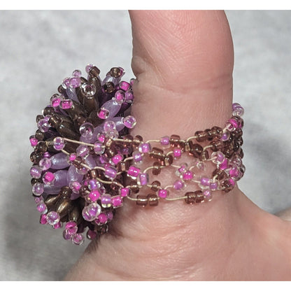 Fairycore Pink And Purple Glass Beaded Pompom Ring Size 14 1/2