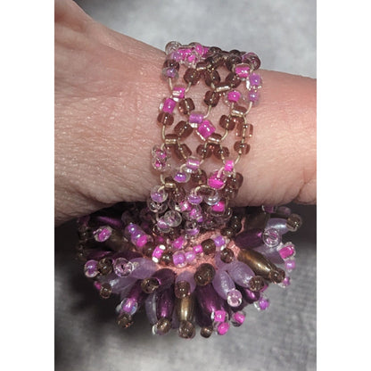 Fairycore Pink And Purple Glass Beaded Pompom Ring Size 14 1/2