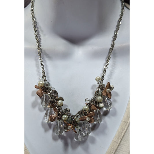 C 1946 Floral Metal Glass And Faux Pearl Cluster Necklace