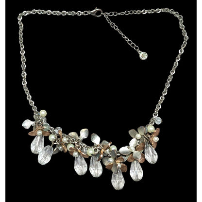 C 1946 Floral Metal Glass And Faux Pearl Cluster Necklace