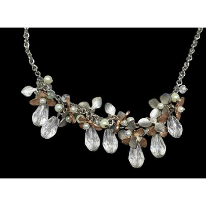 C 1946 Floral Metal Glass And Faux Pearl Cluster Necklace