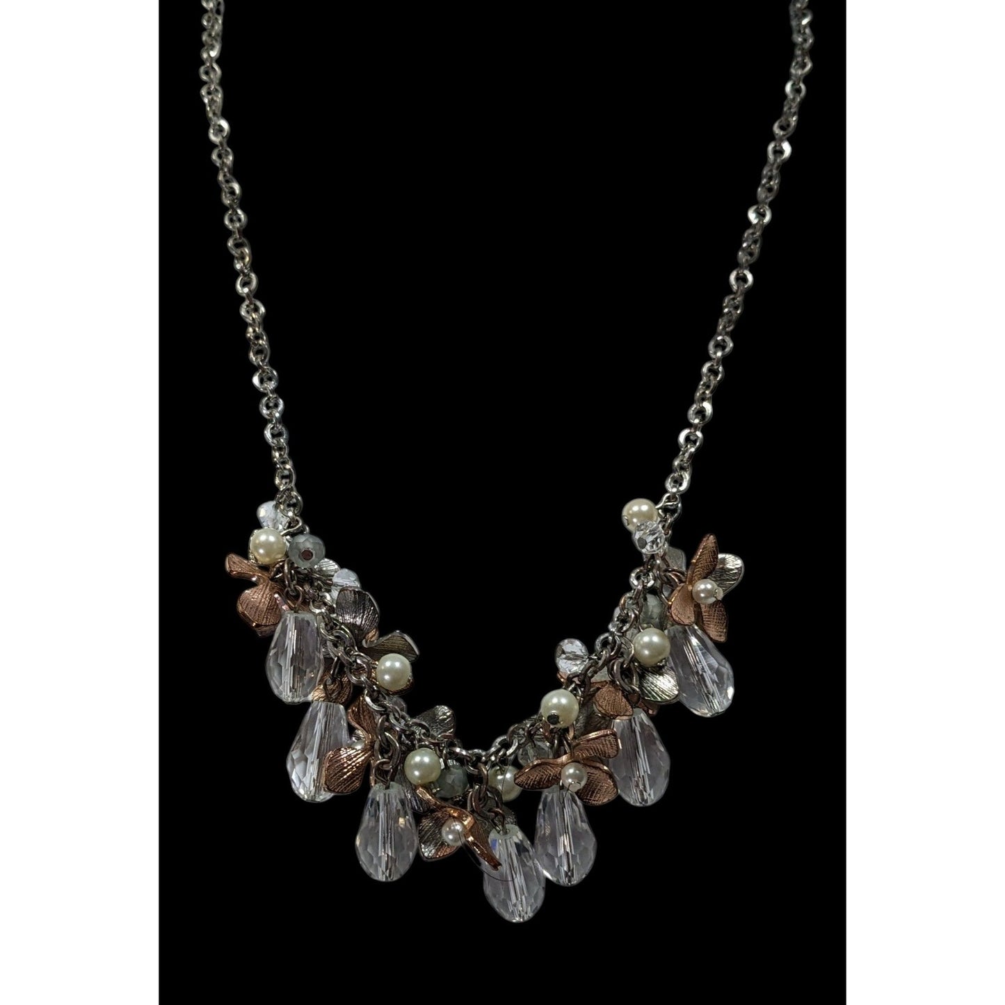 C 1946 Floral Metal Glass And Faux Pearl Cluster Necklace