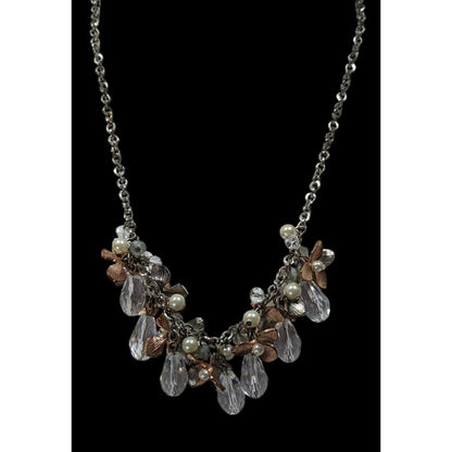 C 1946 Floral Metal Glass And Faux Pearl Cluster Necklace