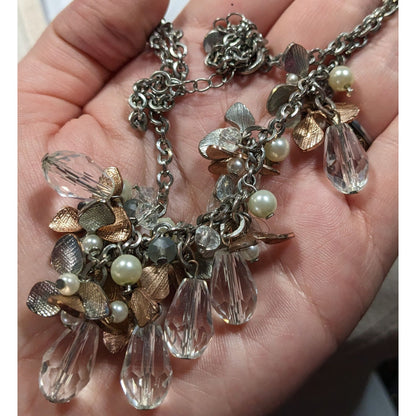 C 1946 Floral Metal Glass And Faux Pearl Cluster Necklace