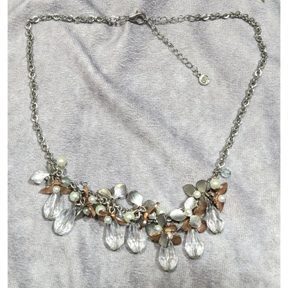C 1946 Floral Metal Glass And Faux Pearl Cluster Necklace