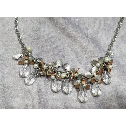 C 1946 Floral Metal Glass And Faux Pearl Cluster Necklace