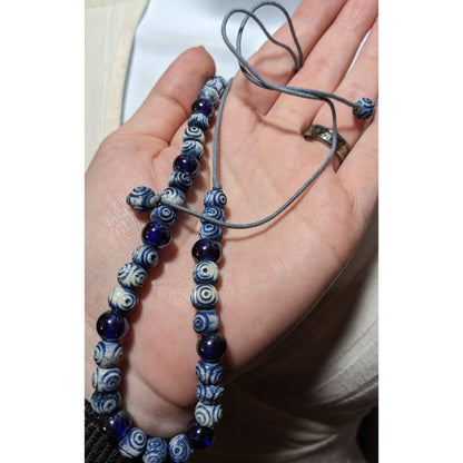 Retro Blue And White Beaded Cord Necklace