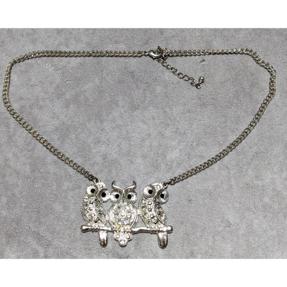 Vintage Triple Rhinestone Owl Necklace