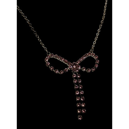 Vintage Coquette Pink Rhinestone Bow Necklace