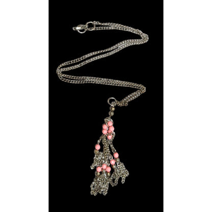 Pink And Silver Beaded Chain Tassel Necklace