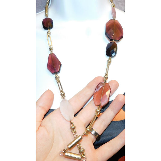 Purple White And Gold Tone Gemmed Station Necklace