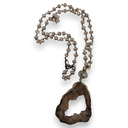 Whimsigoth Boho Geode Glass Brown Gold Tone Pendant Necklace 35 Inch