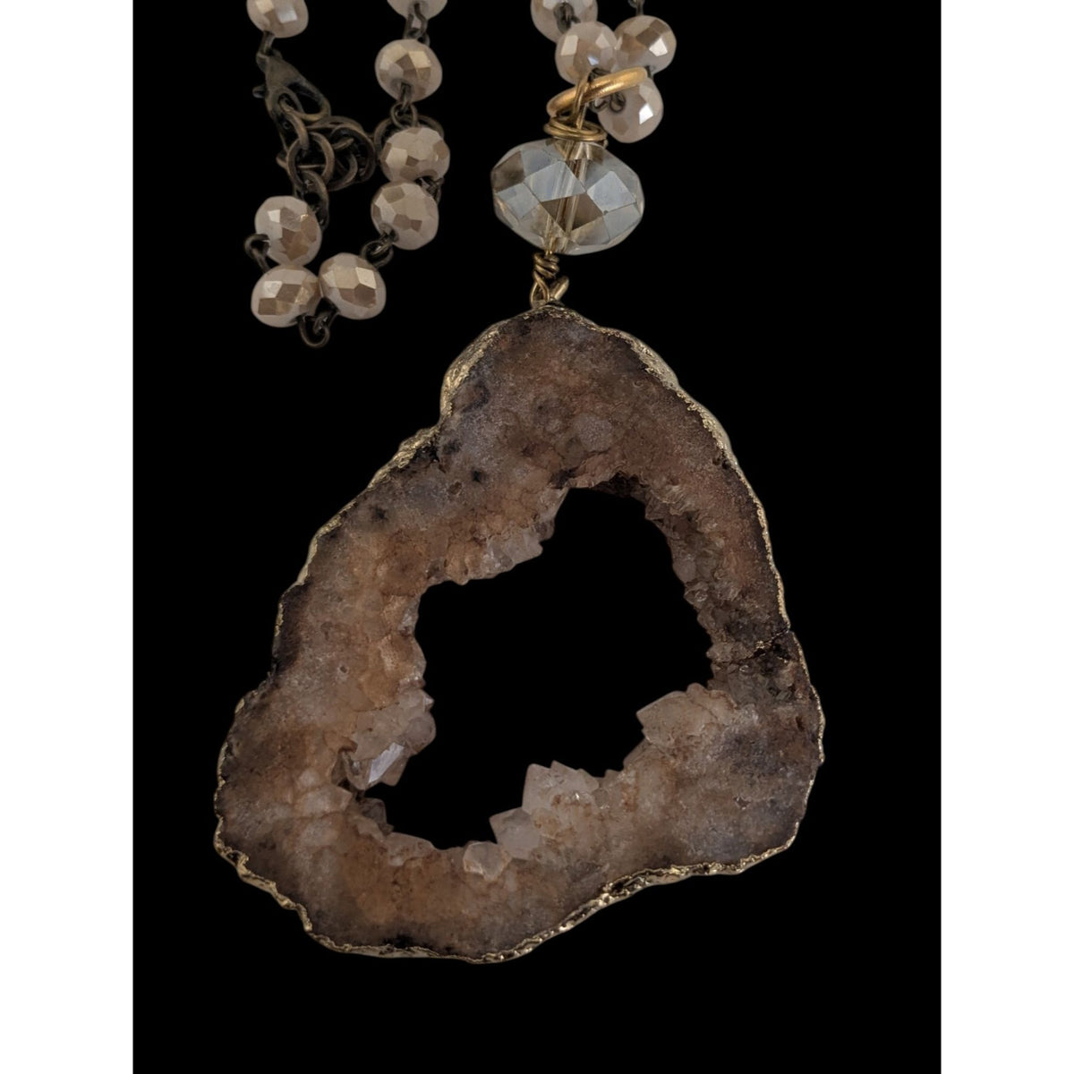 Whimsigoth Boho Geode Glass Brown Gold Tone Pendant Necklace 35 Inch