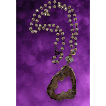 Whimsigoth Boho Geode Glass Brown Gold Tone Pendant Necklace 35 Inch