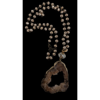 Whimsigoth Boho Geode Glass Brown Gold Tone Pendant Necklace 35 Inch