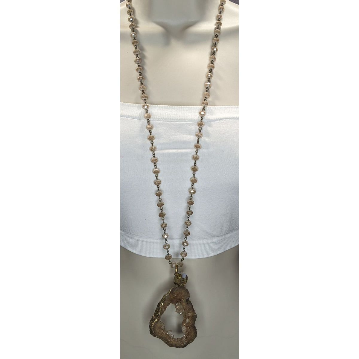 Whimsigoth Boho Geode Glass Brown Gold Tone Pendant Necklace 35 Inch