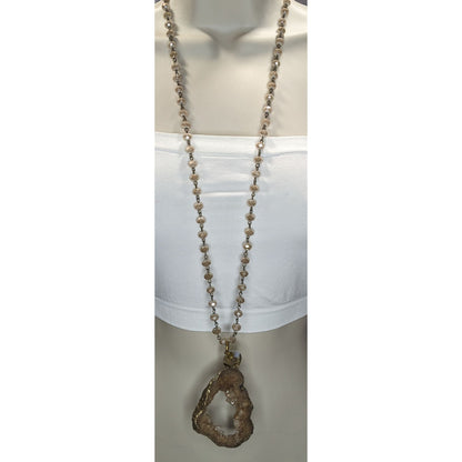 Whimsigoth Boho Geode Glass Brown Gold Tone Pendant Necklace 35 Inch